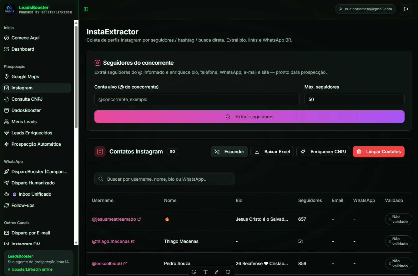 InstaExtractor — Bio, WhatsApp, e-mail e seguidores extraídos de qualquer perfil ou hashtag.