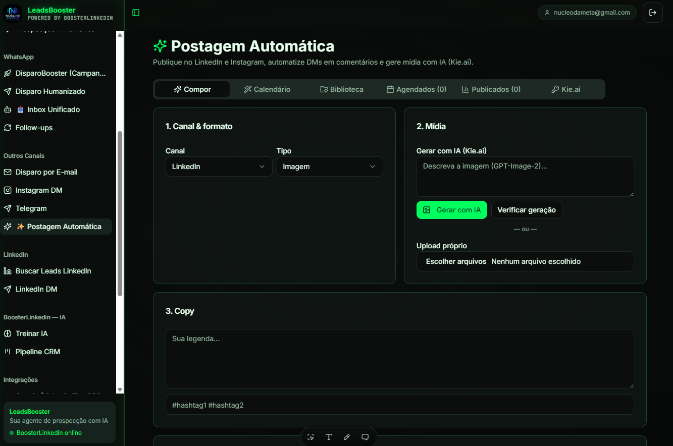 Postagem Automática + IA — Plano semanal de conteúdo gerado por IA — feed, reels e stories agendados.